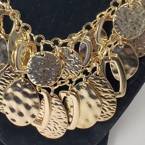 Polished Gold tone Layered Textured, Hammered Discs Hoops Charms Necklace - Picture 6 of 8